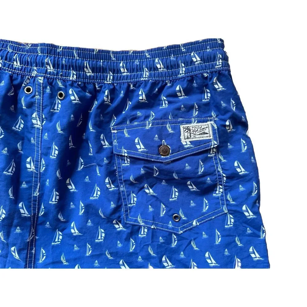 Polo Ralph Lauren Blue Sailboat Swim Trunks Men Board Shorts Size2XLT‎ No Liners